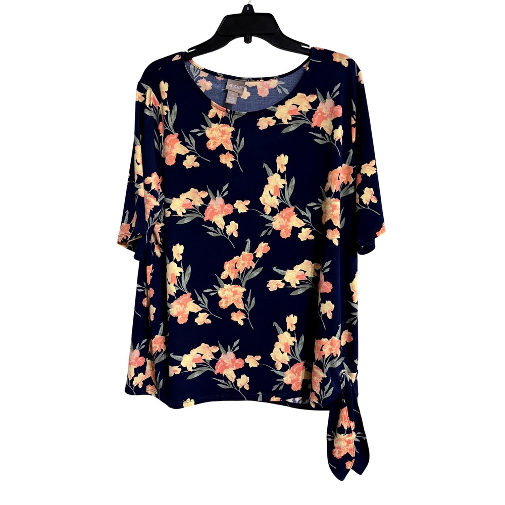 Chicos Navy Blue Floral Print Tie Waist Tunic Top‎ Womens Size 3